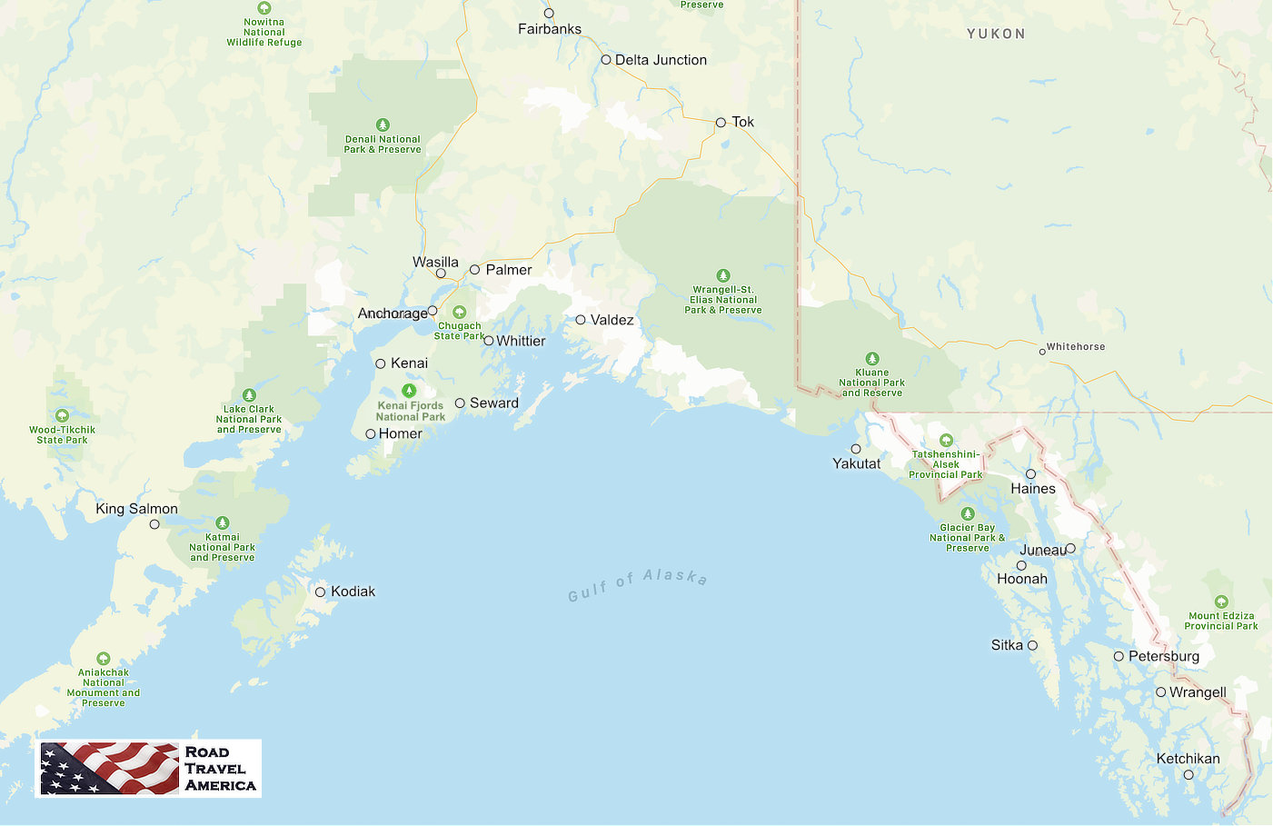 Map showing the locations of major cities, travel destinations and national parks in Alaska