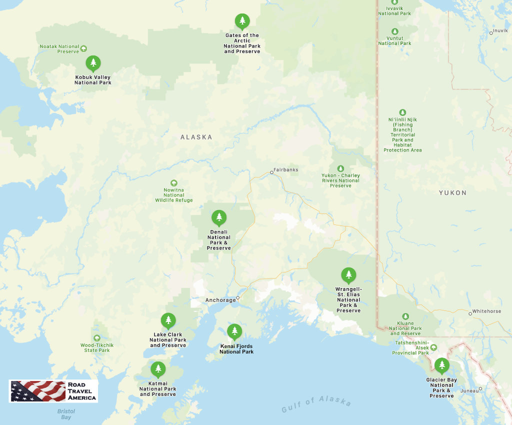Map showing the locations of the eight national parks and preserves in Alaska
