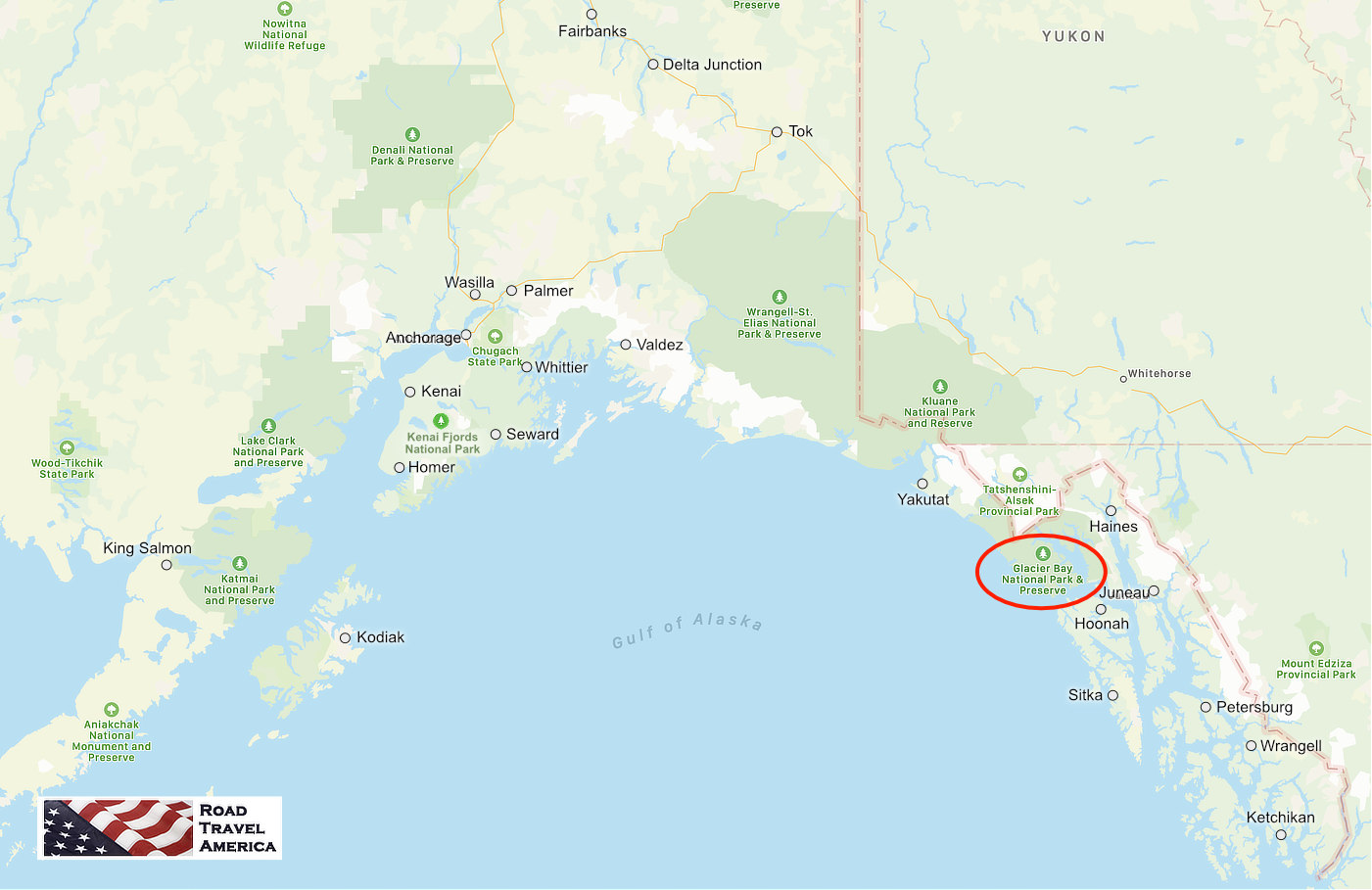 Map showing the location of Glacier Bay National Park & Preserve relative to other Alaska cities, parks and preserves