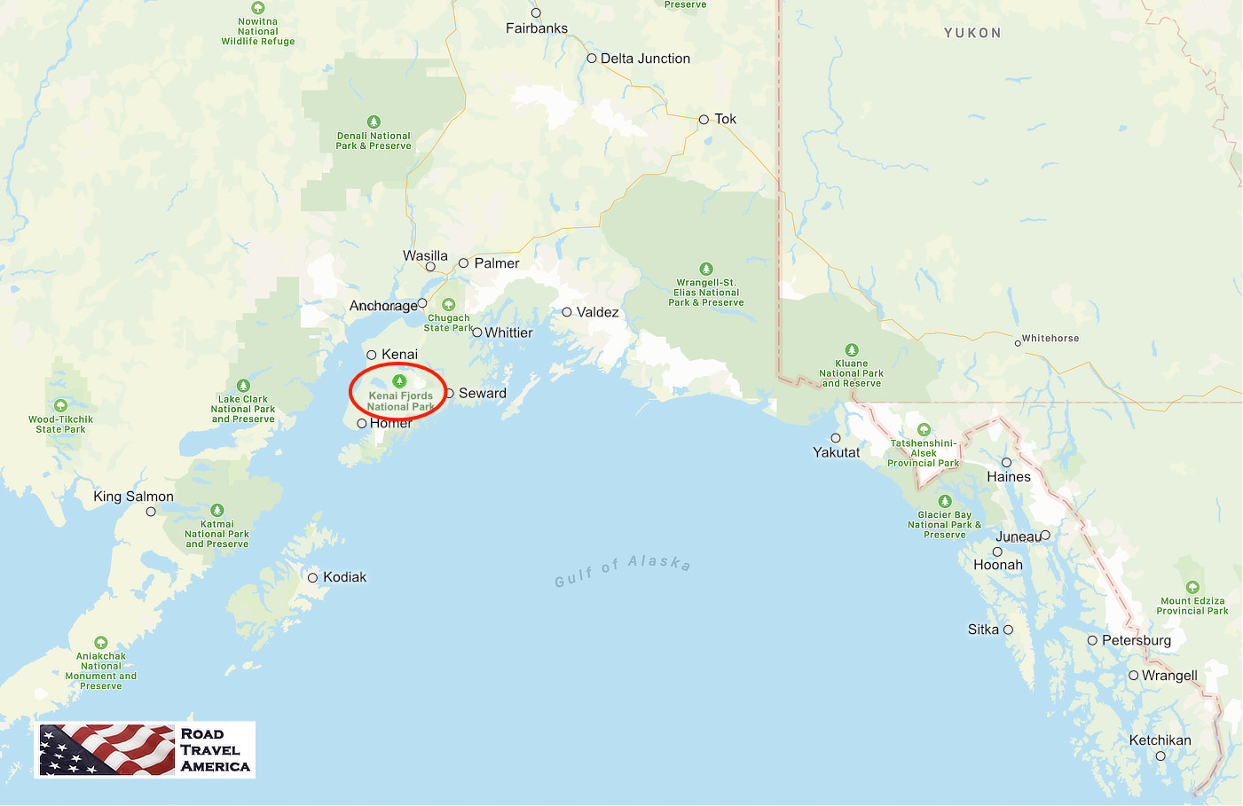 Map showing the location of Kenai Fjords National Park relative to other Alaska cities, parks and preserves