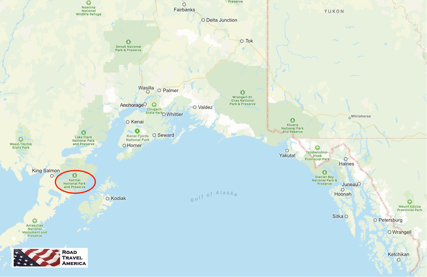 Map showing the location of Katmai National Park relative to other Alaska cities, parks and preserves