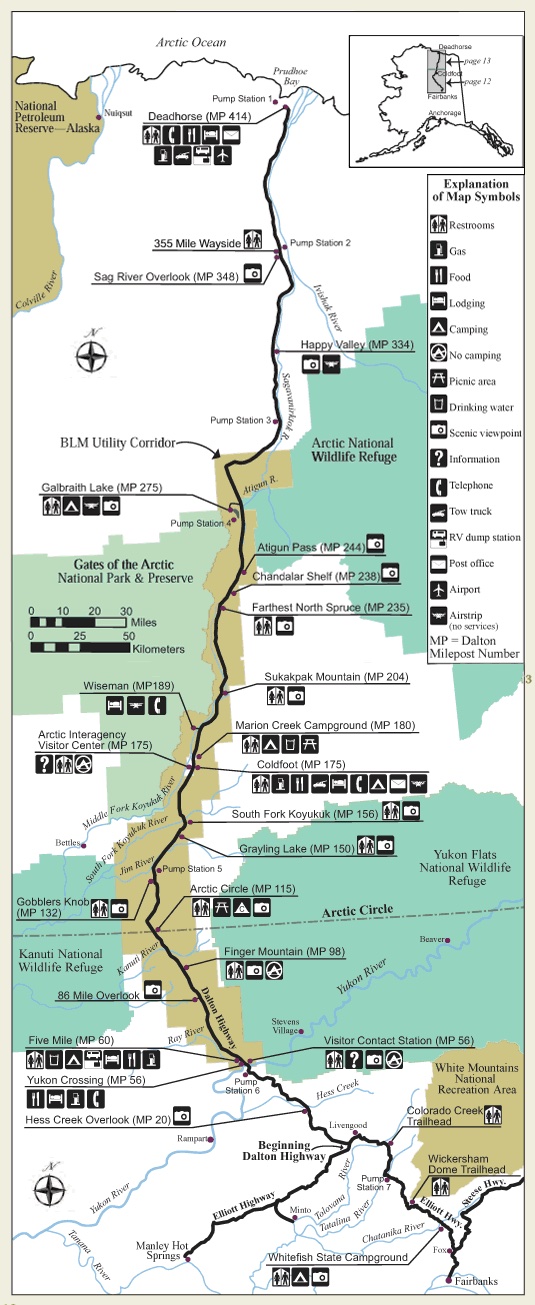 Map of the James Dalton Highway with details on restrooms, gas, food, lodging, telephones and more .... courtesy of the BLM ... click to enlarge and see details