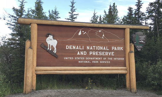 Entrance sign at the Denali National Park and Preserve, in Alaska, operated by the National Park Service, Department of the Interior