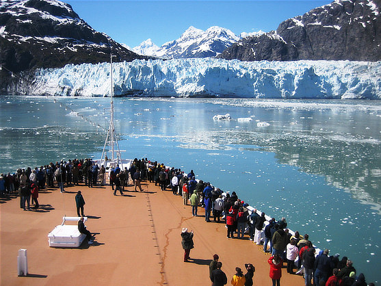 Cruise ship approaching Margerie Glacier in Glacier Bay National Park in Alaska