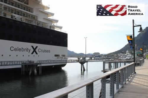 The Celebrity Infinity cruise ship docked in downtown Juneau, Alaska