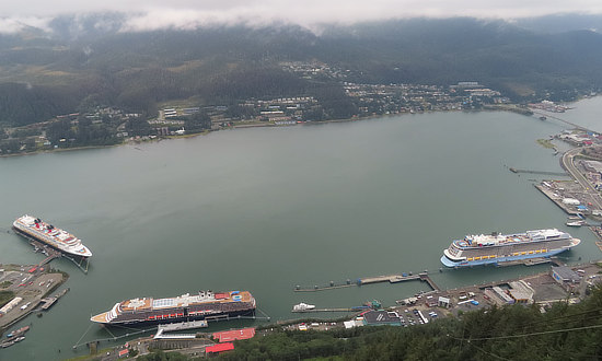 Cruise ships seen from top of Tram in Juneau, Alaska