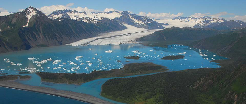 Aerial view of Bear Glacier Lagoon at Kenai Fjords National Park in Alaska