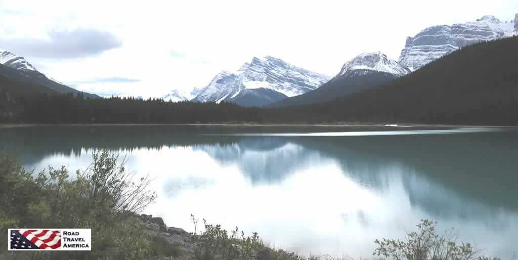 Quiet lake reflection along the Icefield Parkway