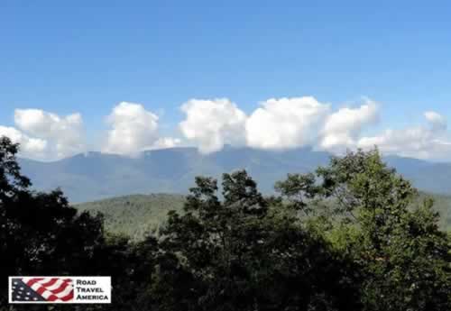 Cloud puffs on the mountains along the Blue Ridge Parkway