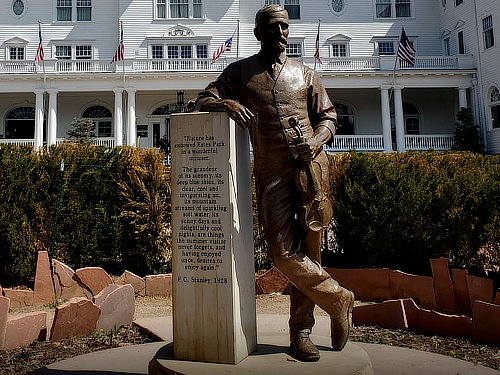 Sculpture of Freelan Oscar "F.O." Stanley in front of the Stanley Hotel in Estes Park, Colorado