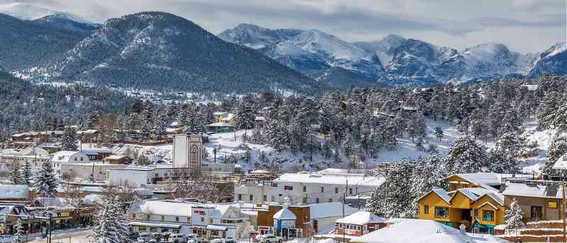 Panoramic view of Estes Park during winter 