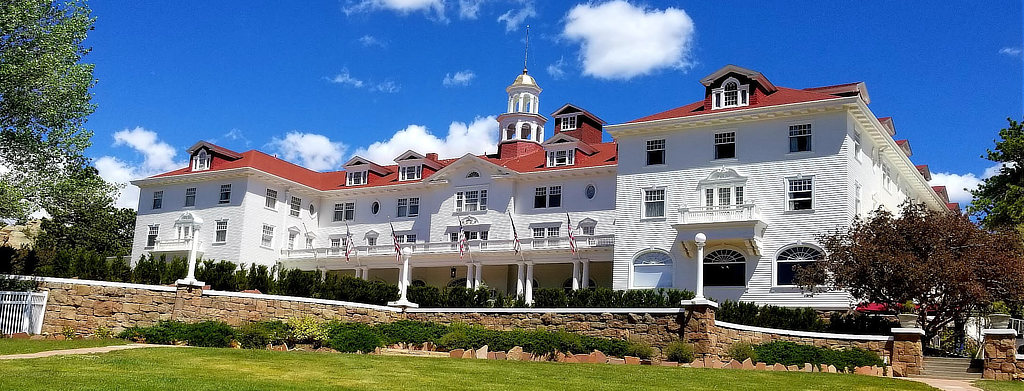 View of the famous, historic Stanley Hotel in Estes Park, Colorado