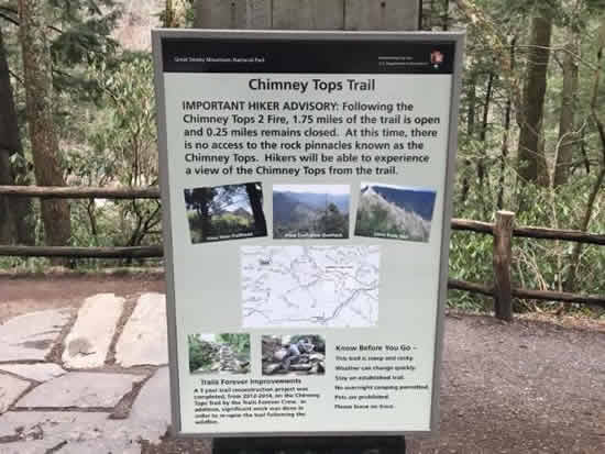 Notice to hikers at Chimney Tops Trail in the Great Smoky Mountains