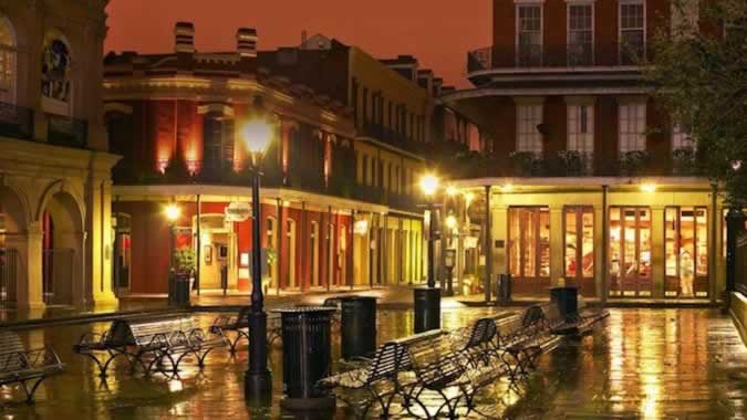 The New Orleans French Quarter on a rainy night in Louisiana