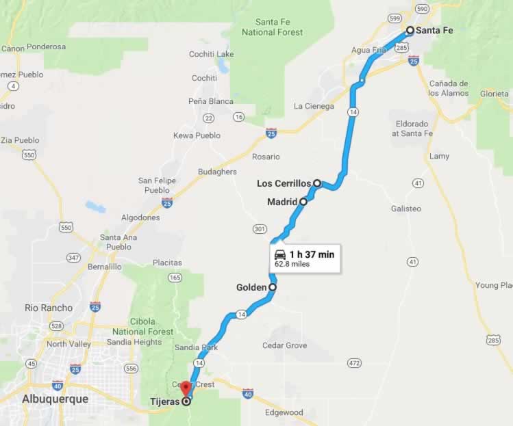 Map showing the location of the Turquoise Trail in New Mexico from Santa Fe to Tijeras