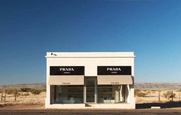 Prada Marfa is a permanently installed sculpture by artists Elmgreen and Dragset, just off U.S. Highway 90 about 26 miles northwest of Marfa