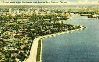 Bayshore Boulevard in Tampa, Florida - aerial view looking towards downtown