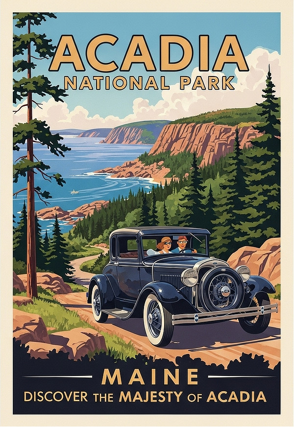 Vintage travel poster for Acadia National Park in Maine, near Bar Harbor