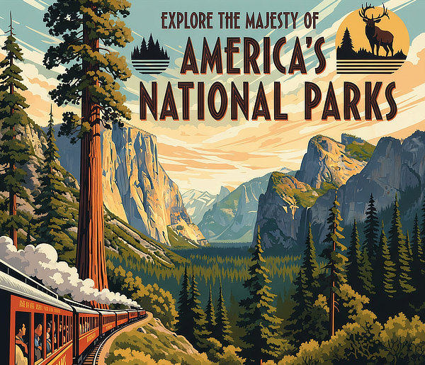 Vintage travel poster: Explore the Majesty of America's National Parks