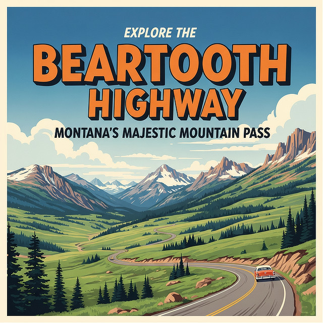 Vintage travel poster for the Beartooth Highway ... "Montana's Majestic Mountain Pass"