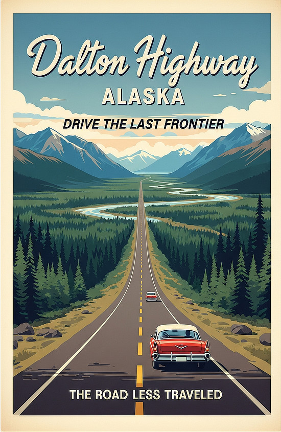 Vintage travel poster for the Dalton Highway in Alaska ... Drive the Last Frontier