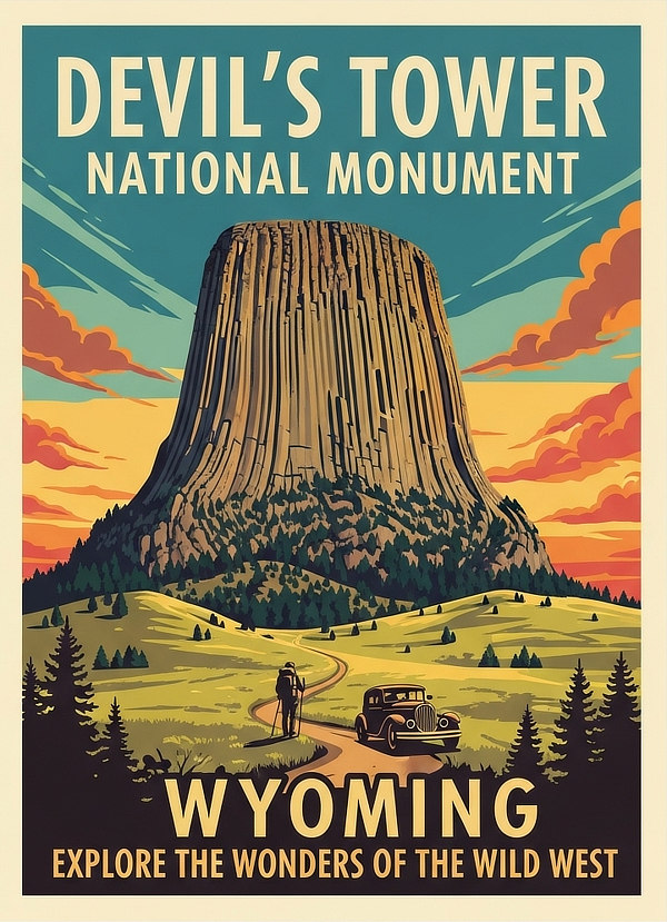 Vintage travel poster for Devil's Tower National Monument in Wyoming
