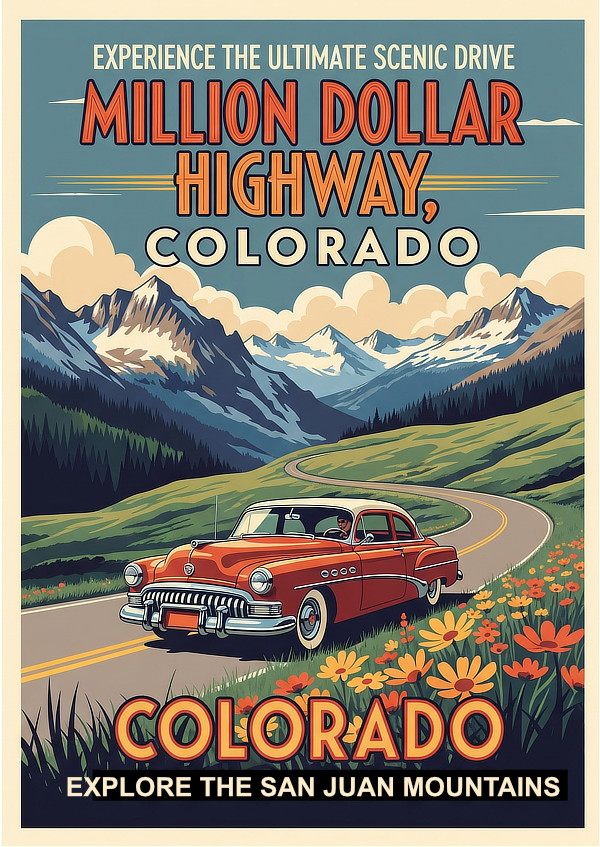Vintage travel poster ... experience the ultimate scenic drive in Colorado ... the Million Dollar HIghway