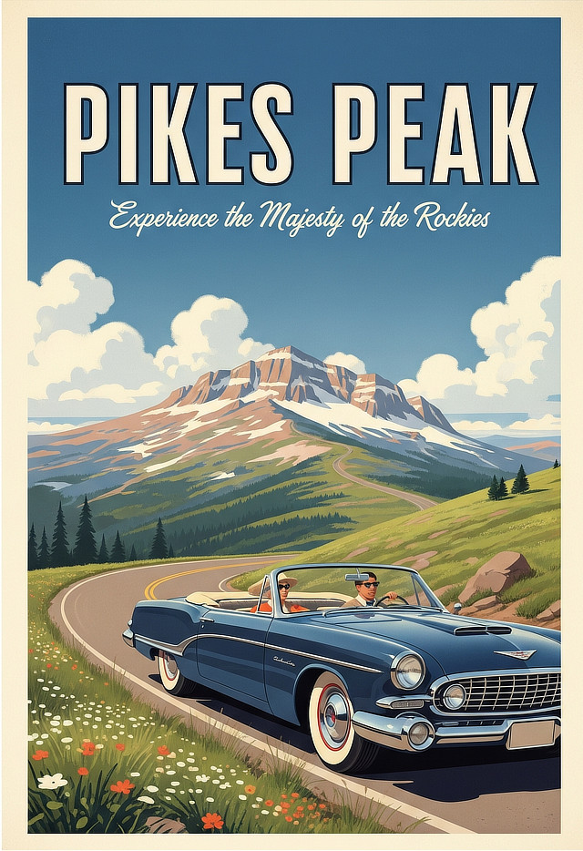 Vintage travel poster for Pikes Peak in Colorado .."Experience the Majesty of the Rockies"
