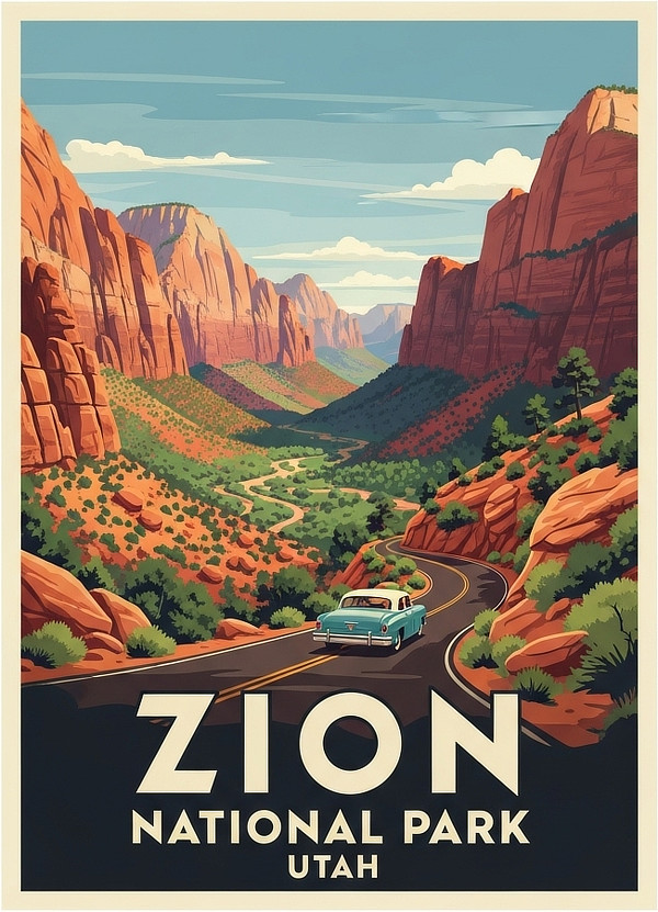 Vintage travel poster for Zion National Park in Utah